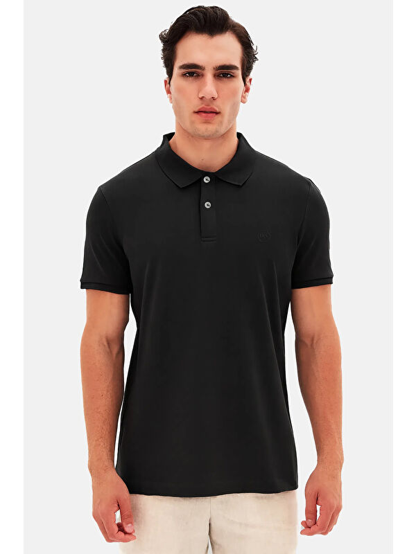 D'S damat Regular Fit Siyah %100 Pamuklu Kıvrılmaz Polo Yaka Nakışlı Tişört