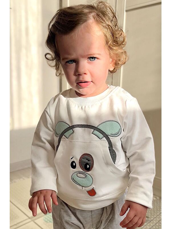 Breeze Erkek Bebek Eşofman Takımı Kulaklıklı Köpekçik Nakışlı Beyaz (9 Ay-2 Yaş)