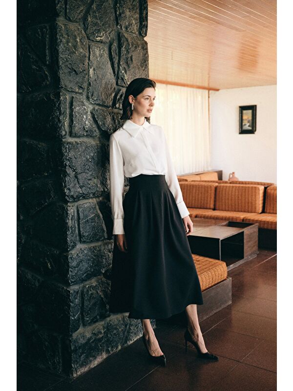 SATEEN Pileli Midi Etek - Siyah