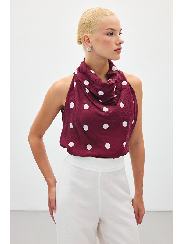 SATEEN Kolsuz Puantiye Desenli Bluz - Bordo