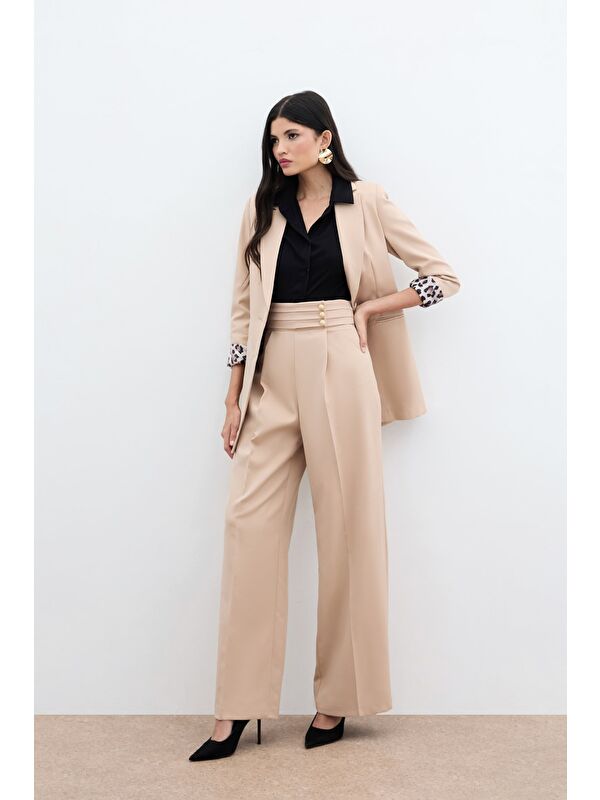 SATEEN Bel Detaylı Pantolon - Bej