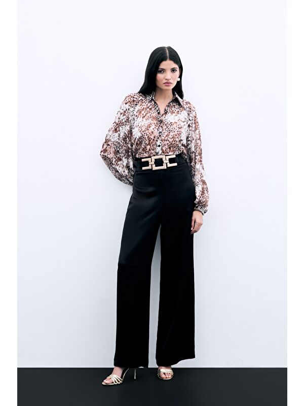 SATEEN Bel Kemerli Saten Krep Pantolon - Siyah