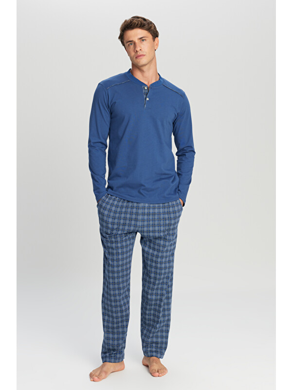 AC&Co / Altınyıldız Classics Erkek İndigo %100 Pamuk Standart Fit Hakim Yaka Desenli Cepli Pijama Takımı