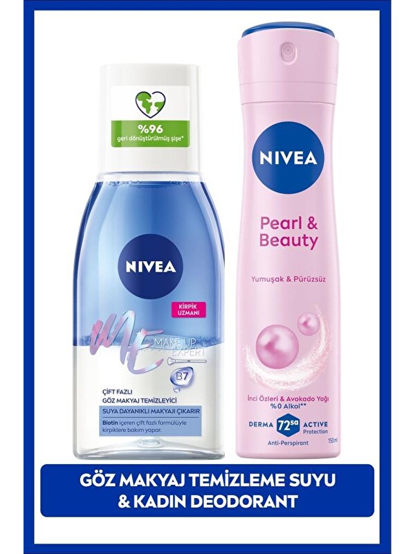 NIVEA Çift Fazlı Göz Makyaj Temizleme Suyu 125ML ve Kadın Sprey Deodorant Pearl&Beauty 150ml, Pamuk Hediye