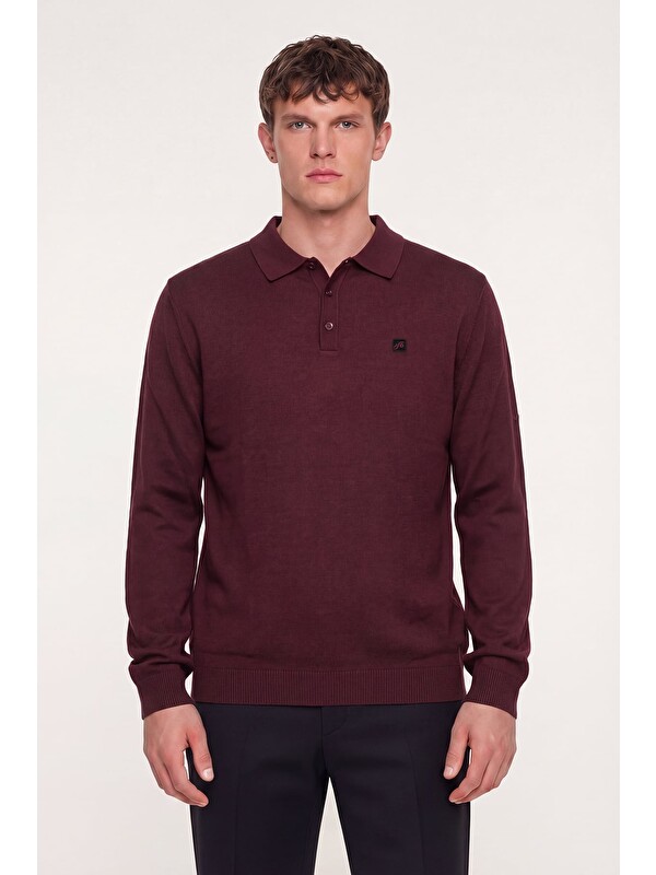 Sabri Özel Bordo Regular Fit Pamuklu Polo Yaka Triko Kazak