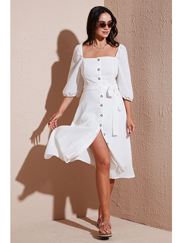 Lela Regular Fit Kare Yaka Düğmeli Midi Boy Kadın Elbise 67810197