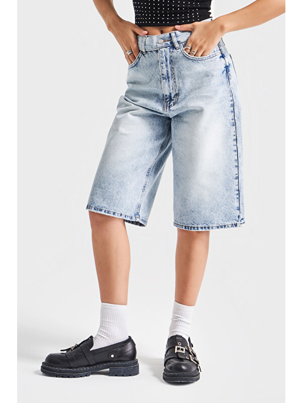 It's Basic Kadın Snow Jean Rengi 4S5 3 Maxi Boy Kemer Detaylı  100 Pamuk Yüksek Bel Uzun Denim Şortolon