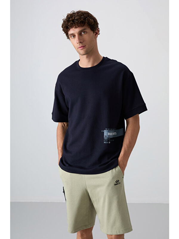 Tommylife Lacivert Pamuklu Kalın Yumuşak Dokulu Oversize Fit Baskılı Erkek Tişört - 88322