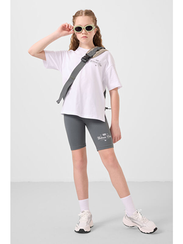 Tommylife Beyaz-Haki Pamuklu O Yaka Standart Fit Baskılı Kız Çocuk Tayt Takım - 75190