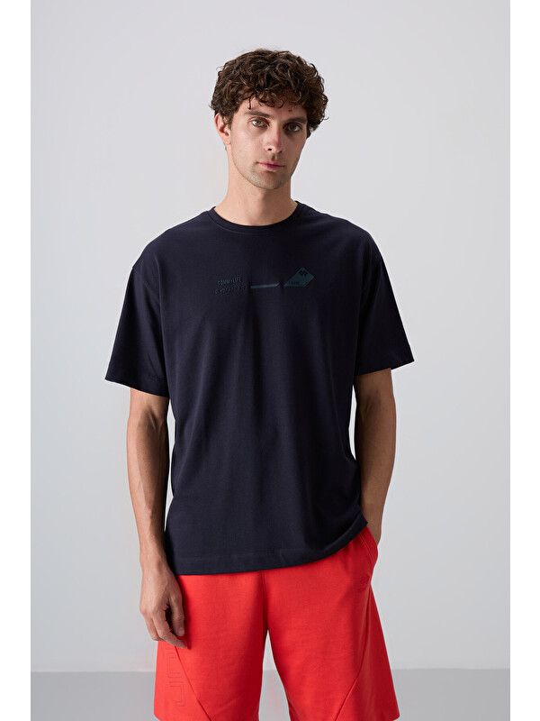 Tommylife Lacivert Pamuklu Kalın Yumuşak Dokulu Oversize Fit Baskılı Erkek Tişört - 88330