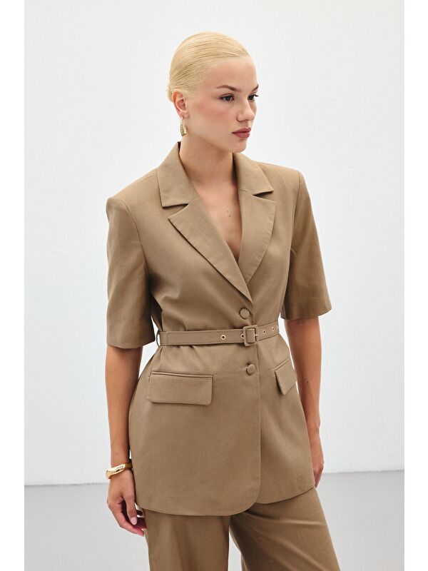 SATEEN Kısa Kollu Kemerli Ceket - Camel