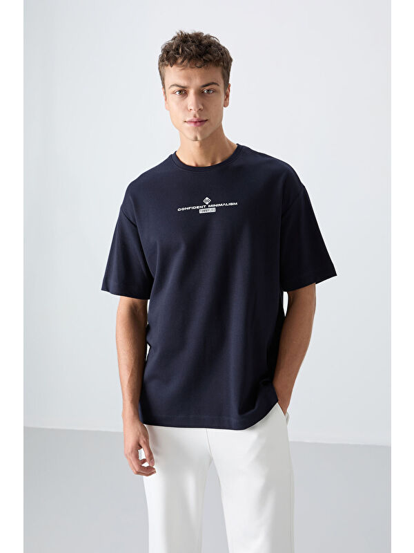 Tommylife Lacivert Pamuklu Kalın Yumuşak Dokulu Oversize Fit Baskılı Erkek Tişört - 88321