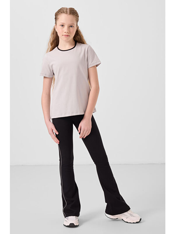 Tommylife Taş-Siyah Pamuklu O Yaka Standart Fit Basic İspanyol Paça Kız Çocuk Tayt Takım - 75192