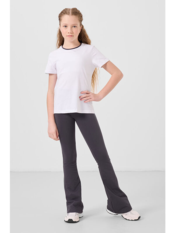 Tommylife Beyaz-Antrasit Pamuklu O Yaka Standart Fit Basic İspanyol Paça Kız Çocuk Tayt Takım - 75192