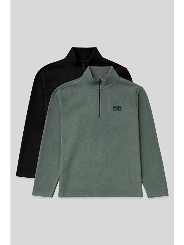 Air Jones Standart Kalıp Dik Yaka 2'li Paket Siyah-Çağla Erkek Polar Sweatshirt - 88310
