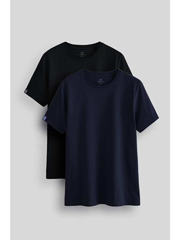 Tommylife Standart Fit Basic O Yaka 2'li Paket Siyah-Lacivert Erkek Tişört - 87911