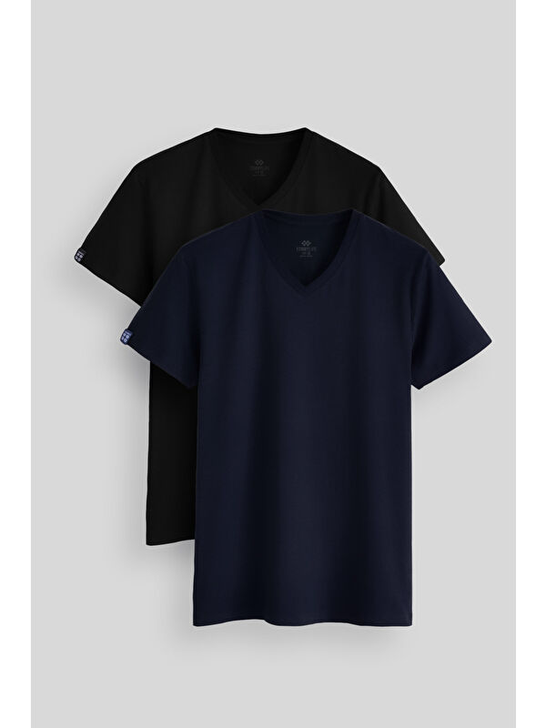 Tommylife Standart Fit Basic V Yaka 2'li Paket Siyah-Lacivert Erkek Tişört - 87912