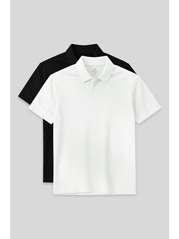 Tommylife Standart Fit Basic Polo Yaka 2'li Paket Siyah-Beyaz Erkek Tişört - 87768