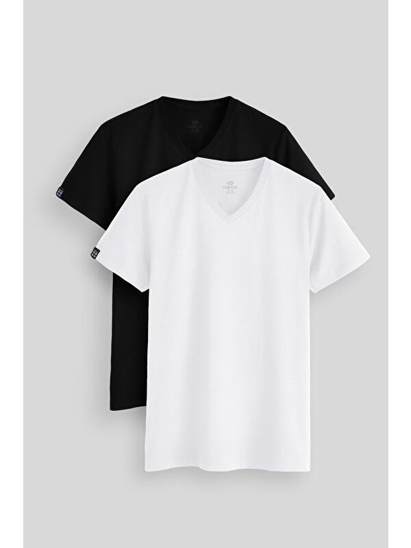 Tommylife Standart Fit Basic V Yaka 2'li Paket Siyah-Beyaz Erkek Tişört - 87912