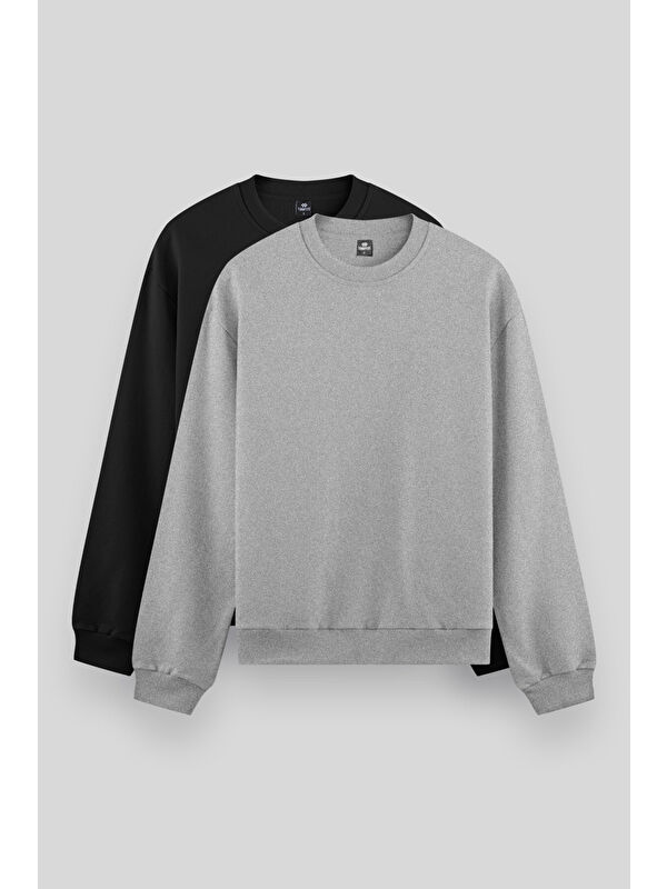 Tommylife Standart Fit Basic O Yaka 2'li Paket Siyah-Gri Melanj Erkek Sweatshirt - 88053