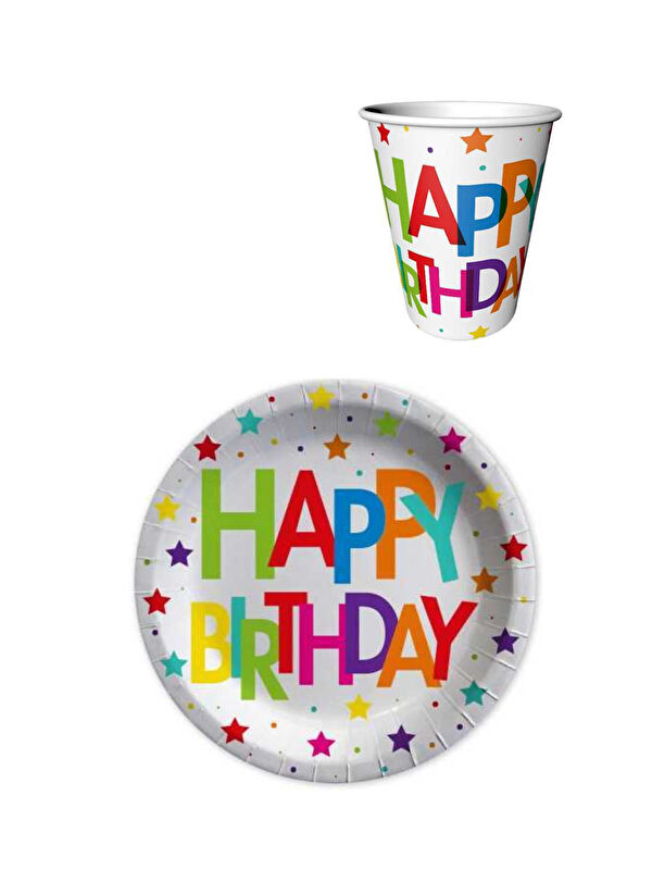 Le Mabelle Çok Renkli Happy Birthday 8'li Karton Bardak Tabak Set