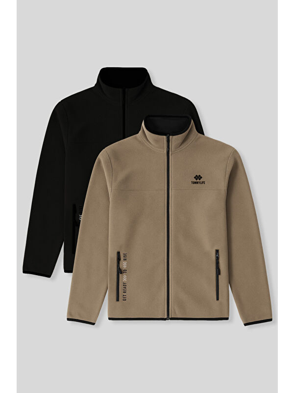 Tommylife Standart Kalıp Dik Yaka 2'li Paket Siyah-Camel Polar Erkek Fermuarlı Sweatshirt Hırka - 87992