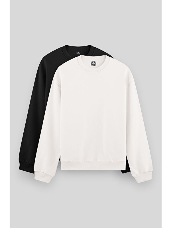 Tommylife Standart Fit Basic O Yaka 2'li Paket Siyah-Ekru Erkek Sweatshirt - 88053