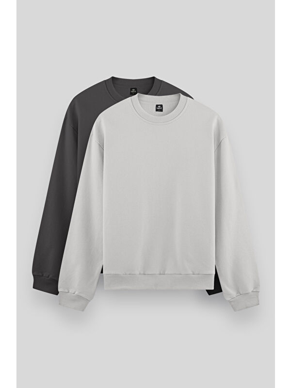 Tommylife Standart Fit Basic O Yaka 2'li Paket Koyu Gri-Taş Erkek Sweatshirt - 88053