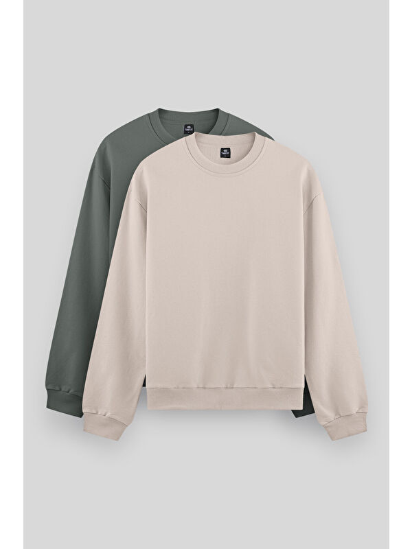 Tommylife Standart Fit Basic O Yaka 2'li Paket Bej-Çağla Erkek Sweatshirt - 88053