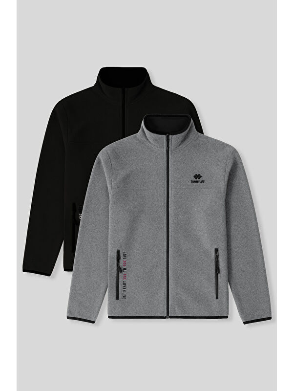 Tommylife Standart Kalıp Dik Yaka 2'li Paket Siyah-Gri Melanj Polar Erkek Fermuarlı Sweatshirt Hırka - 87992