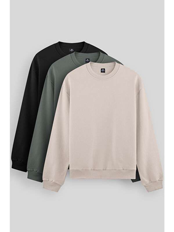 Tommylife Standart Fit Basic O Yaka  3'lü Paket Siyah-Bej-Çağla Erkek Sweatshirt 88053