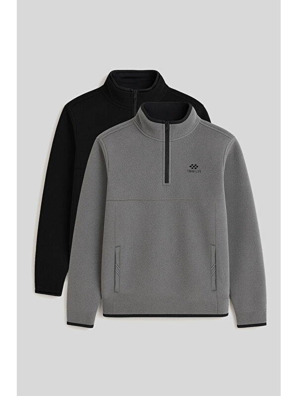 Tommylife Dik Yaka Yarım Fermuarlı 2'li Paket Siyah-Gri Melanj Erkek Polar Sweatshirt - 87891