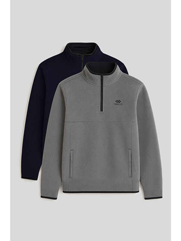 Tommylife Dik Yaka Yarım Fermuarlı 2'li Paket Lacivert-Gri Melanj Erkek Polar Sweatshirt - 87891