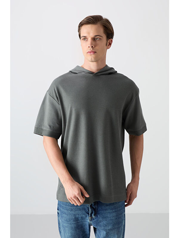Tommylife Haki Pamuklu Kalın Yüzeyi Dokulu Oversize Fit Basic Erkek Tişört - 88335