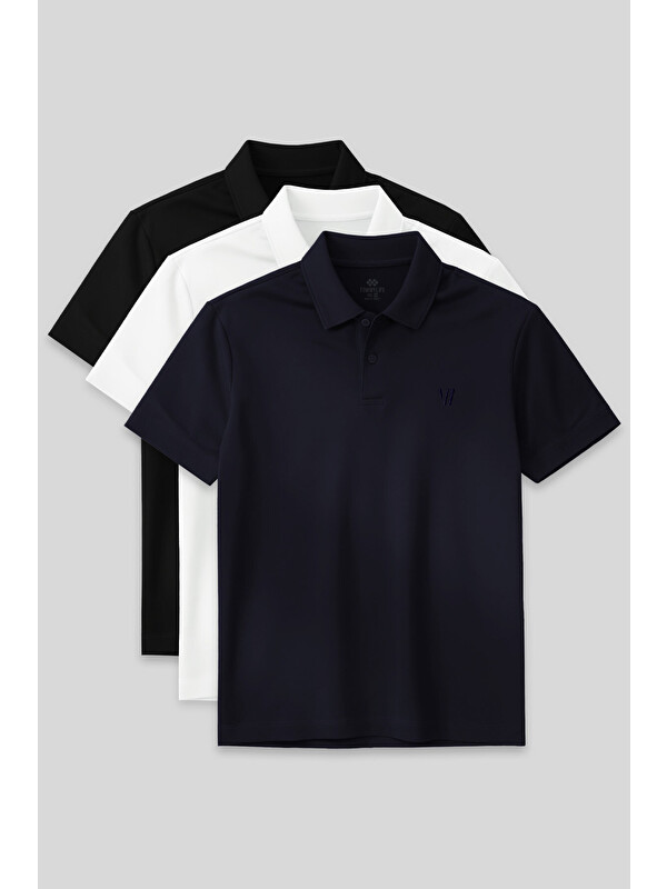 Tommylife Standart Fit Basic Polo Yaka 3'lü Paket Siyah-Beyaz-Lacivert Erkek Tişört  87768