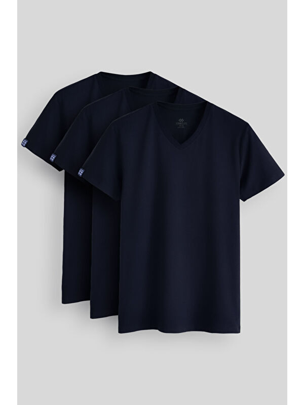 Tommylife Standart Fit Basic V Yaka  3'lü Paket Lacivert Erkek Tişört  87912