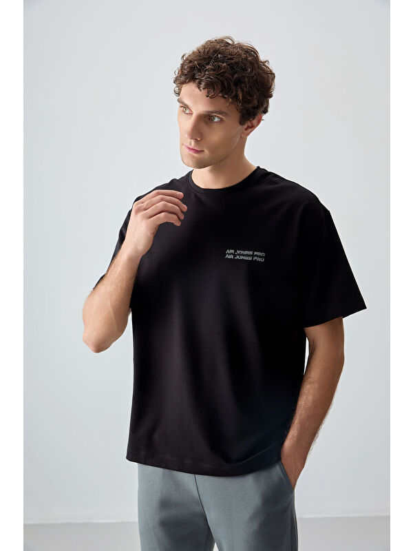 Air Jones Siyah Pamuklu Kalın Yumuşak Dokulu Oversize Fit Baskılı Erkek Tişört - 88375