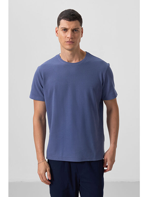 Tommylife Koyu Mavi Yüzeyi Dokulu Rahat Form Basic Erkek Tişört - 88436