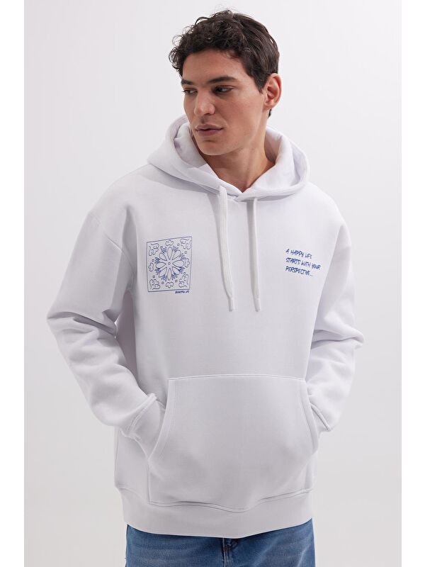 TUDORS Unisex Oversize Geniş Kesim Pamuklu Yumuşak Dokulu İçi Polarlı Baskılı Beyaz Kapüşonlu Erkek Hoodie