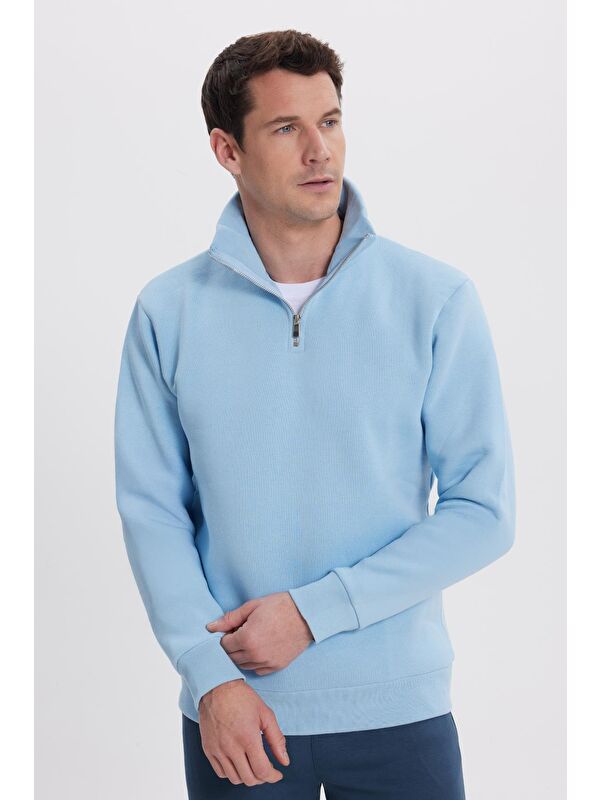 TUDORS Unisex Relax Fit Rahat Kesim Pamuklu İçi Polarlı Yarım Fermuarlı Mavi Dik Yaka Sweatshirt
