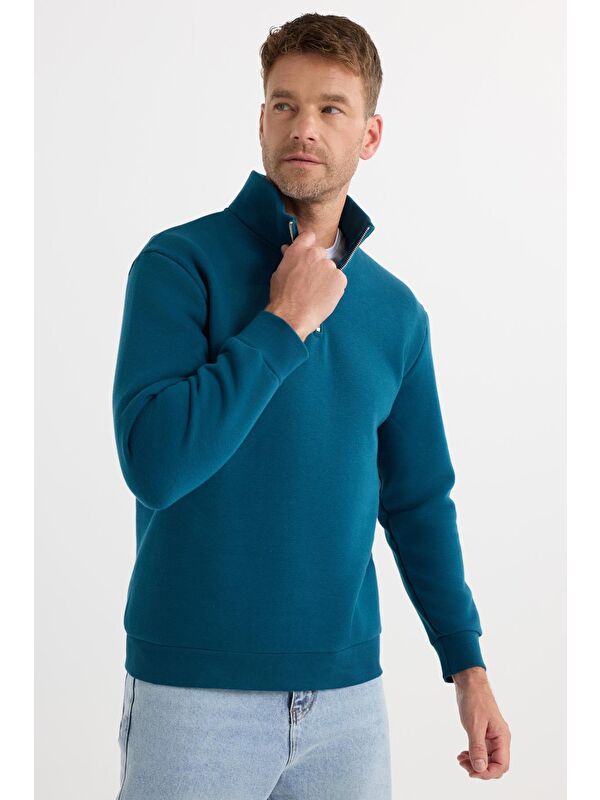 TUDORS Unisex Relax Fit Rahat Kesim Pamuklu İçi Polarlı Yarım Fermuarlı İndigo Dik Yaka Sweatshirt