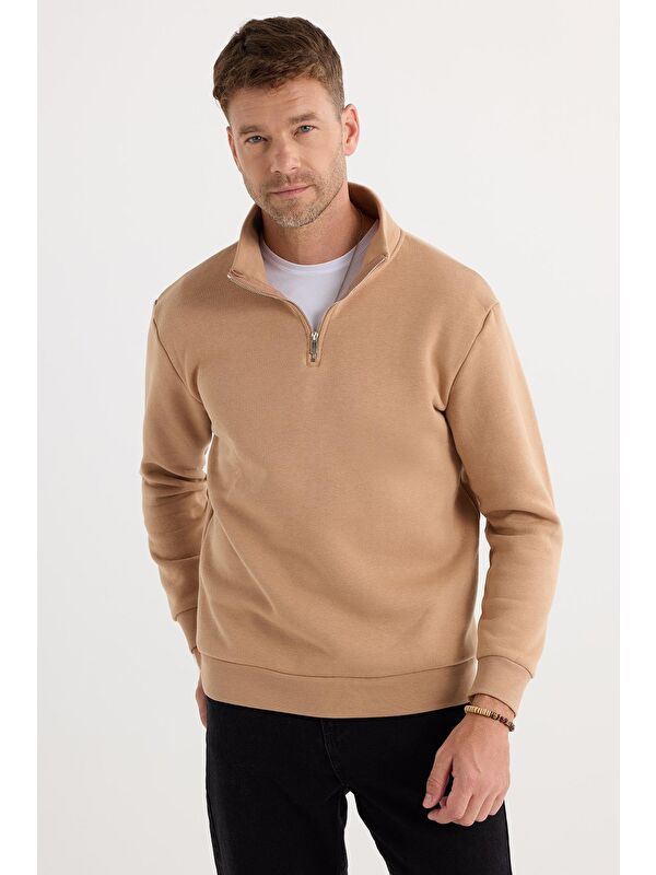 TUDORS Unisex Relax Fit Rahat Kesim Pamuklu İçi Polarlı Yarım Fermuarlı Taş Renk Dik Yaka Sweatshirt
