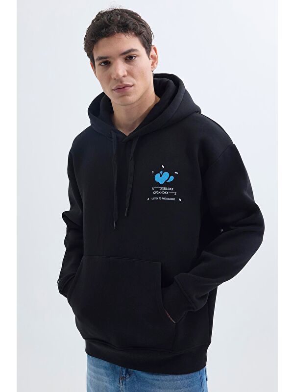 TUDORS Unisex Oversize Geniş Kesim Pamuklu Yumuşak Dokulu İçi Polarlı Baskılı Siyah Kapüşonlu Erkek Hoodie