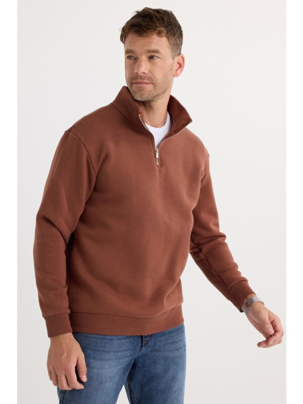 TUDORS Unisex Relax Fit Rahat Kesim Pamuklu İçi Polarlı Yarım Fermuarlı Kahverengi Dik Yaka Sweatshirt
