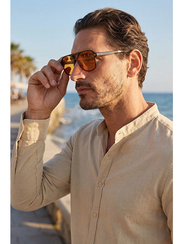 TUDORS Erkek Slim Fit Dar Kesim Uzun Kollu %100 Pamuk Keten Doku Hakim Yaka Bej Gömlek
