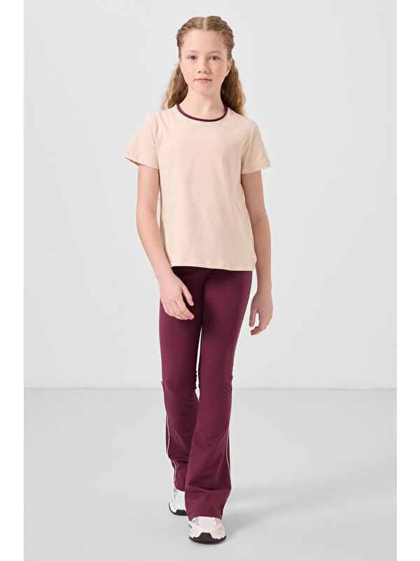 Tommylife Bej-Bordo Pamuklu O Yaka Standart Fit Basic İspanyol Paça Kız Çocuk Tayt Takım - 75192