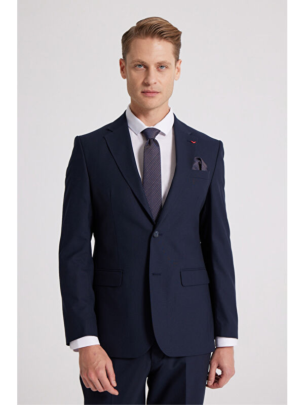 D'S damat Slim Fit Lacivert Düz Elastanlı Esnek Mono Yaka Çift Yırtmaçlı Astarlı Takim Elbise