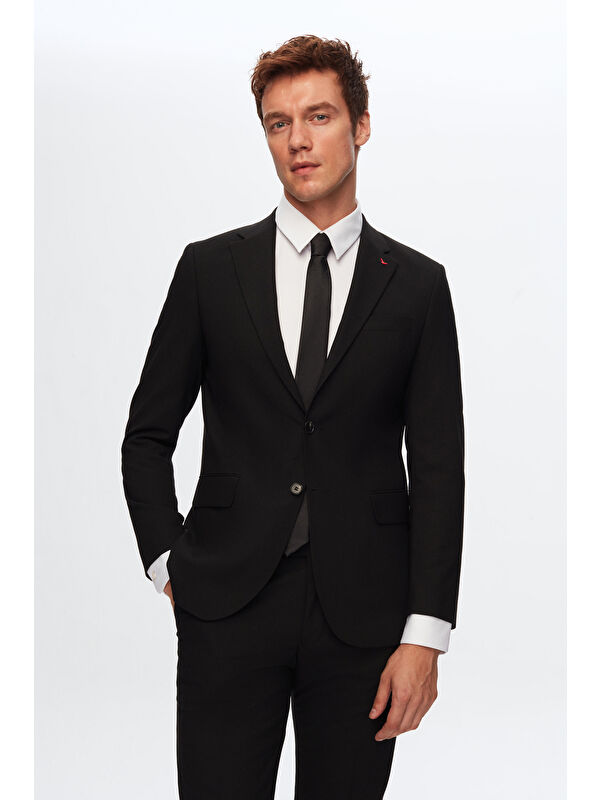 D'S damat Slim Fit Siyah Düz Elastanlı Esnek Mono Yaka Çift Yırtmaçlı Astarlı Takim Elbise