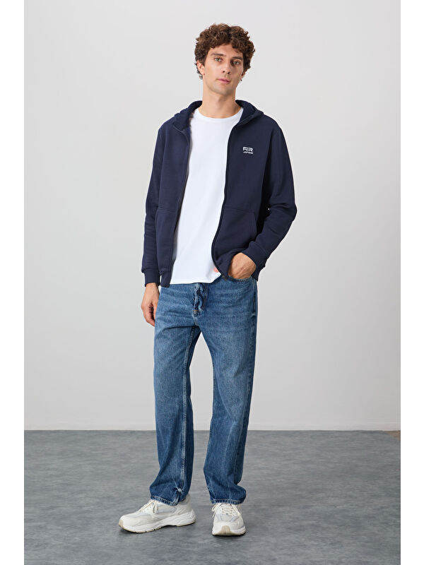 Air Jones Lacivert  Kapüşonlu Cep Detaylı Şardonlu Rahat Kalıp Erkek Fermuarlı Sweatshirt Hırka - 88139