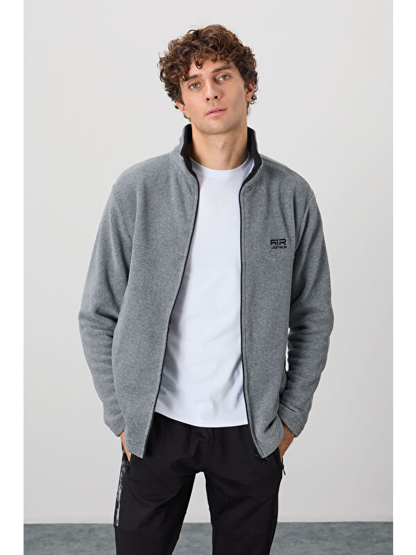 Air Jones Hardy Gri Melanj Standart Kalıp Polar Erkek Fermuarlı Sweatshirt Hırka - 88299